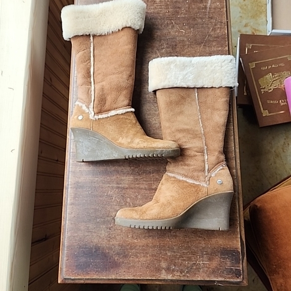 UGG Sandra wedge heel tan suede upper shearling lining sz 7 - Picture 3 of 10